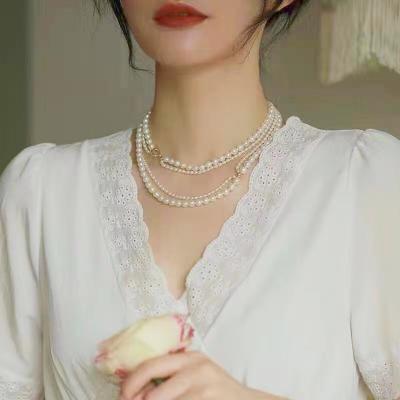 China Graceful Simple Long 925 Layered Sterling Silver Layered Freshwater Pearl Set Necklace for sale