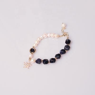 China Haiyang Baroque Graceful Freshwater Pearl Blue Sandstone Adjustable Gold Plated Pearl Bracelet for sale