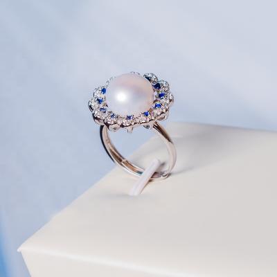 China Graceful Haiyang 925 Pearl Blue Zircon Silver Pearl Rings Jewelry Women Gifts Sun Flower Pearl Freshwater Ring for sale