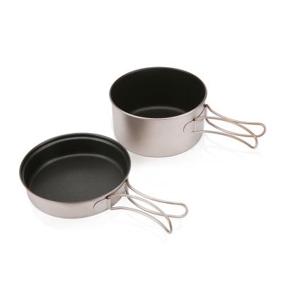 China Ultralight Logo Titanium Cookware Non Stick Cookware Set Modern Camping Customized Set Portable Titanium Camp Pot Set for sale