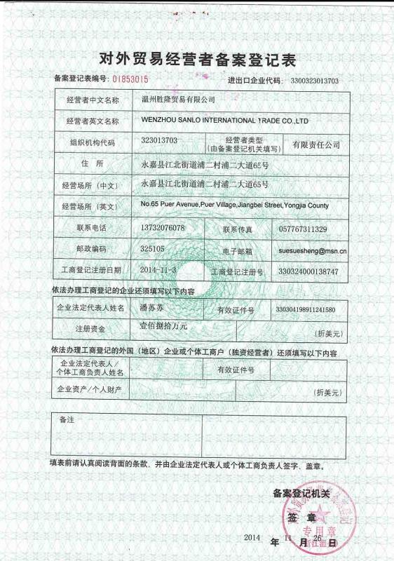 Foreign trade operator registration form - Wenzhou Sanlo International Trade Co.,Ltd