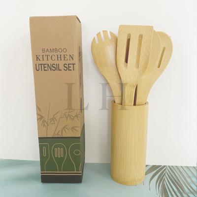 China Sustainable Premium Heat Resistant Wooden Kitchen Utensils Bamboo Cookware Sets With Rack for sale