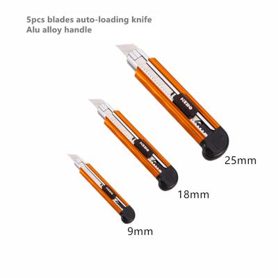 China Automatic Loading Utility Cutter Knife 18mm/9mm/25mm Open Slide Change 5pcs Aluminum Fast Blades Three Size for sale