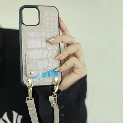 China Real Leather Fashion Leather Phone Case With Plastic Handle Interior With Credit Card For iphone 13 Case Cross - Body for sale