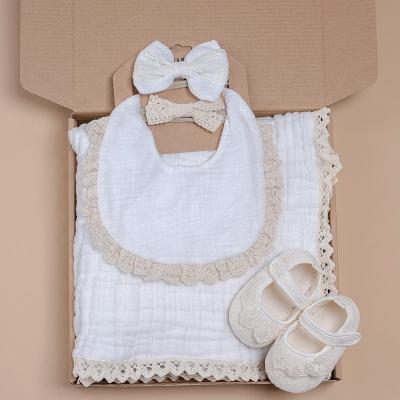 China New Soft Skin Style Vintage Cotton Baby Princess Lace Bow Headband Shoes Bib Muslin Wrap Cover 5 Pcs Baby Shower Gift Set for sale