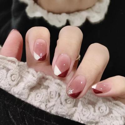 China French New Design French Style 24pcs Design Manicure Full Cover Short Square Press On Nails Glitter Nails Tips for sale