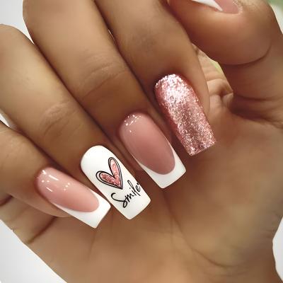 China French Custom Press On Nails Square Gold Glitter Medium French Tip Nails Manicure Acrylic Stick On Nails for sale