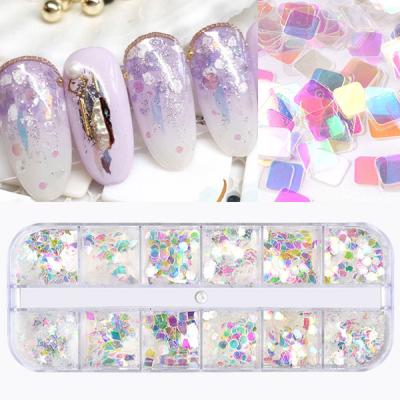 China Nail Art Beauty DIY Hot-selling nail decoration 12 color shell paper colorful shell powder cellophane irregular nail art sticker decoration for sale