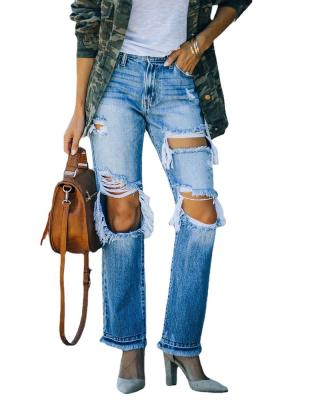 China QUICK DRY New Arrivals Fashion high quality Loose Light Blue Denim Pants Wide Leg Ripped Jeans For Women for sale