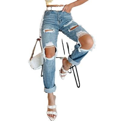 China QUICK DRY 2023 Fashion Blue Girl Ripped DenimTrousers Fashion Stretch High Waist Slim Jeans for sale