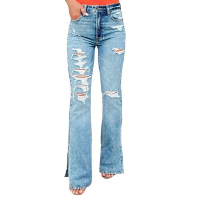 China QUICK DRY Summer Ripped Blue Jeans Fashion  Wide Leg Denim Pants Washed Perforated Denim Flare Pants Women  Jeans for sale