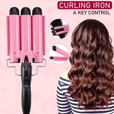 China Household Hair Curling Iron Automatic Perm Splint Ceramic 3 Barrels Professional Egg Roll Styling Tools Wave Wand Curler Button Control for sale