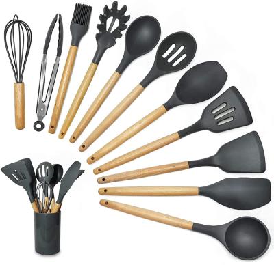 China 12pcs Sustainable Silicone Nonstick Heat Resistant Cooking Sets Kitchen Utensil Tools With Wooden Handle for sale