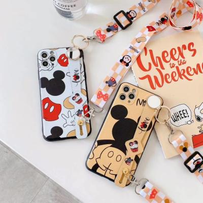 China Corner Four Protect Wrist Strap Shockproof Stand Cartoon Mickey TPU Soft Phone Case For iPhone 13 pro XR XS Max Max Necklace Lanyard Phone Skin Cover 7/8 Plus for sale