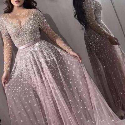 China Breathable Luxury Women Long Sleeve Bling Middle East Formal Dress Arabic Evening Dress for sale