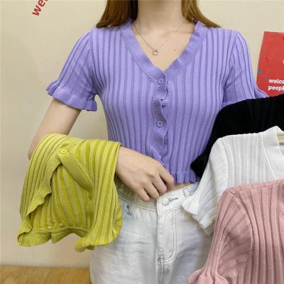 China hot sale Anti-wrinkle knitted 100% short sleeve T-shirt ladies cashmere v-neck short sleeve sweater wholesale for sale