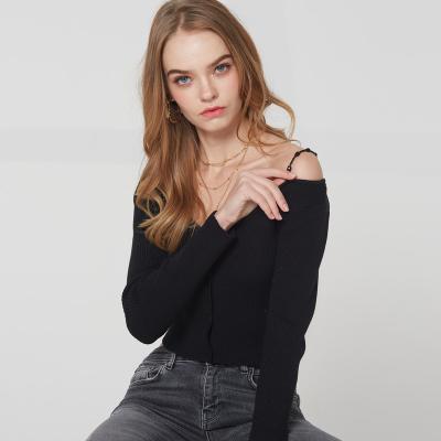 China New Design Breathable Sexy Off Shoulder Long Sleeve Rib Women Knit Crop Cardigan Sweater for sale