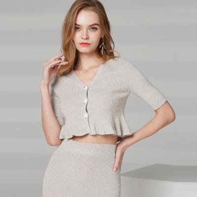 China Fashion Breathable V-Neck Sleeve Ruffles Hot Selling Short Women Knit Crop Cardigan Sweater for sale