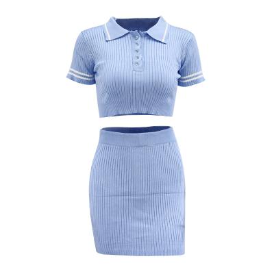 China ZM02S1A099 Breathable Polo Collar Short Sleeve Women Popular Hot Knit Sweater Crop Top Bodycon Trim Two Piece Set for sale