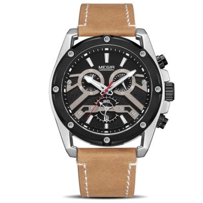 China Megir Chronograph 2120 Leather Strap Watches OEM Brand Your Logo Sports Chronograph Wrist Watch Military Watch for sale