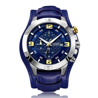 China Blue Chronograph Military Quartz Watches Leather Quartz Watch Megir Clock 2099 for sale