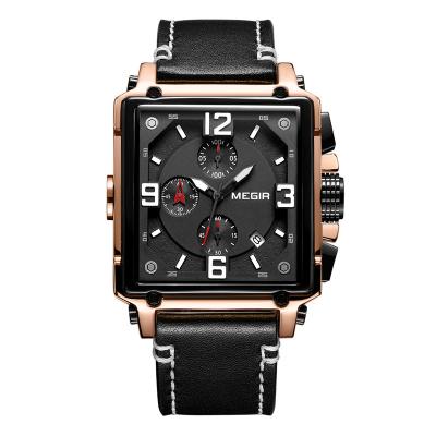 China Chronograph Megir Men Watches Genuine Leather Strap Fashion Male Square Case Quartz Wristwatch for sale