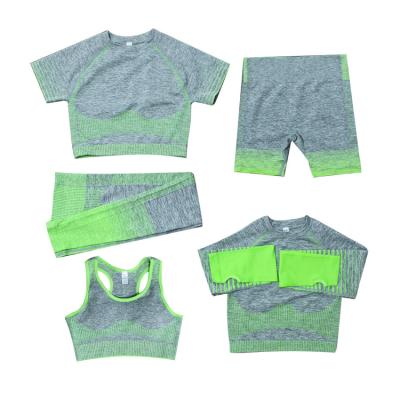 China Best Seller Womens Sports Breathable Fitness Knitted Suit Gym Wear Loose Seamless Yoga Set 5 Pieces With Pants for sale