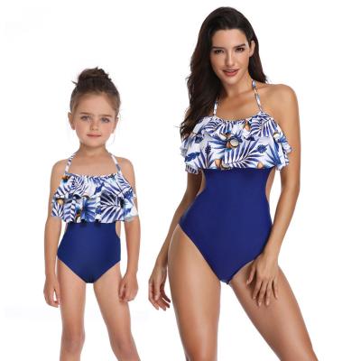 China Print Breathable One Piece Double Layer Ruffled Blue Swimwear Wholesale Women Girls Beach Swimsuit Cover Up for sale