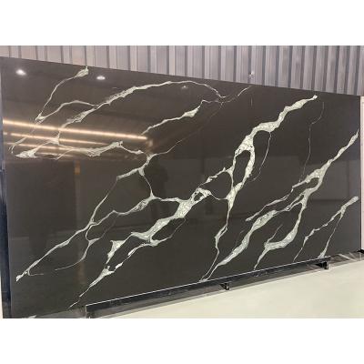 China Factory Direct Sale Modern Engineered Calacatta Black Quartz Stone Slabs With White Veins For Kitchen Countertops for sale