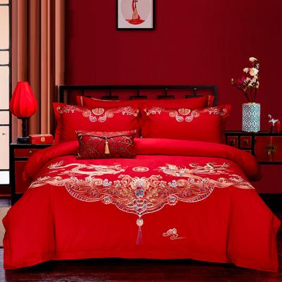 China Nondisposable Chinese Simple Style 200TC Quilted Wedding Plain Embroidery 100% Cotton 5pcs Queen Luxury Red Bedspread Set for sale