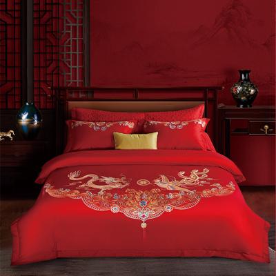 China Red Wedding Customized Size Nondisposable Chinese Simple Style Comforter Plain Embroidery Cotton Bedspread Pillowcases Quilting Cover Sets Beds 5pcs for sale