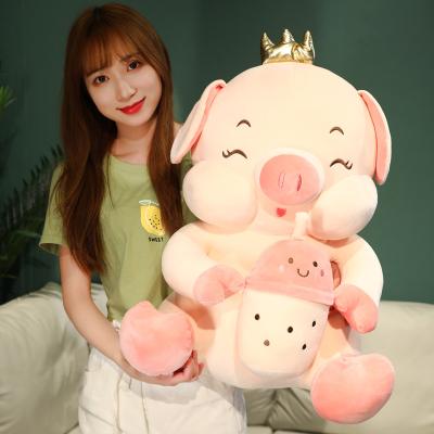 China Plush valentines gift boba cup super soft huggable big standing pig stuffed toy wearing a crown for sale