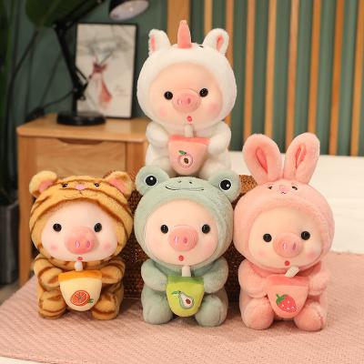 China Newest arrival plush boba series plush pig toy wearing animal pajamas with bubble tea for sale