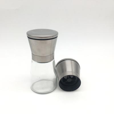 China Sustainable Glass Bottle 160ml Stainless Steel Salt Or Pepper Grinder Glass Body Seasoning Bottle for sale