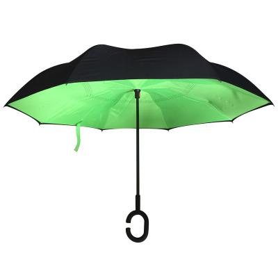 China Straight Umbrella Custom greeen Reverse C Handle Umbrella Double Layer Reverse Inverted Straight Reflective Umbrella for sale