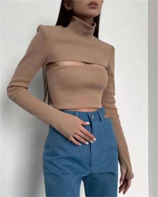 China Anti-Wrinkle Women's Solid Color Long Sleeve Rib Knitted Crop Top Two Piece Set Sexy Turtle Neck Sweater for sale