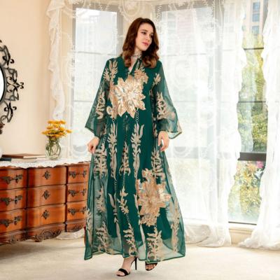 China 2022 Polyethersulfone Islamic Dress Ramadan Eid Middle East Flower Sequin Long Sleeves Embroidered Bling Muslim Clothing Women Dress For Lady for sale