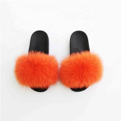 China Fashion Trend Design New Factory Hot Women Wholesale Multicolor Big Fox Fur Slides Real Fur Slippers for sale