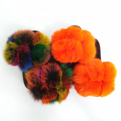 China 2021 NEW Design Lady Fashion Fox Fur Pom Pom Slides Real Orange Fur Slippers Light Weight In Many Colors For Woman for sale