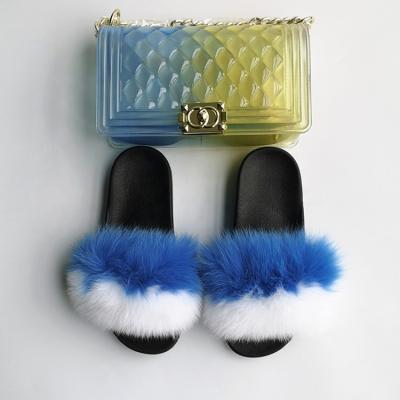 China 2020 Hot Sale Light Weight Jelly Purses With Slipper Shoes Women Custom Cross - Body Bag Fox Fur Slips Sets for sale