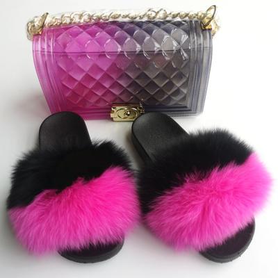 China 2020 Hot Sale Light Weight Jelly Purses With Slipper Shoes Women Custom Cross - Body Bag Fox Fur Slips Sets for sale