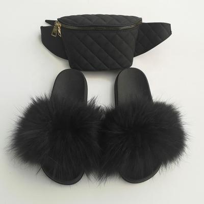 China Real Fur Slides Lovely Fox Fur Anti-Slippery Soft Sandals Matching With Purses Freeze Bag For Women Slippers for sale