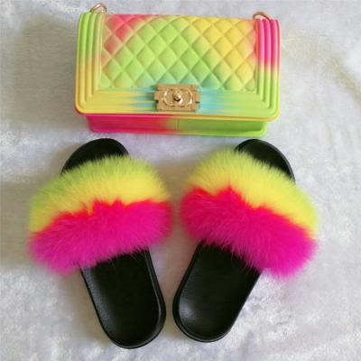 China 2020 Fashion Trend Hot Sale 6 Colors Change PU Leather Purse Chain Handbags With Matching Fur Slipper Slides for sale