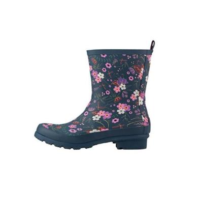 China Women Comfortable Short Ankle Print Rain Boots Fashion Print Rubber Cute Fleece Striped Rubber Boot for sale