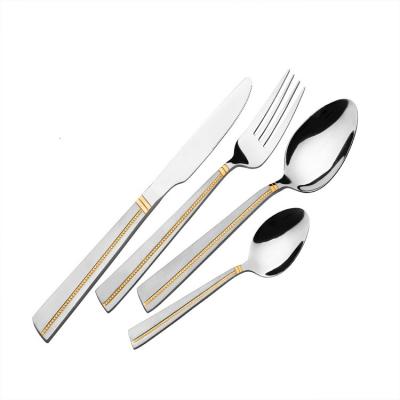 China Sustainable Flat Stainless Steel Dinnerware For Wedding Luxury Cutlery Set With Gold Handle for sale