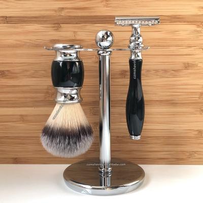 China Popular Synthetic Single Blade Hair Shaving Brush Set Beard Sweep Resin Plastic Metal Handle Chrome Holder Black Brush Holder for sale