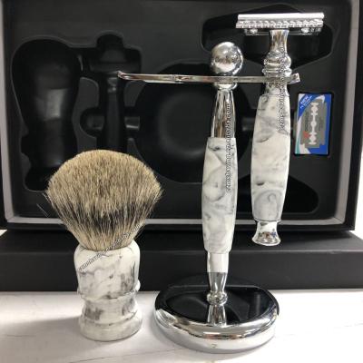 China Shaving Brush Faux Marble Pattern Men Shaving Brush Pure Badger Hair Beard Brush Resin and Metal Handle Holder for sale