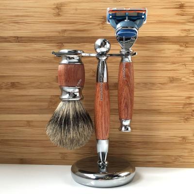 China Pure Badger Hair Beard Brush Metal Handle Rosewood Shaving Brush Men Shaving Brush 5 Blade Shaving Brush Set for sale