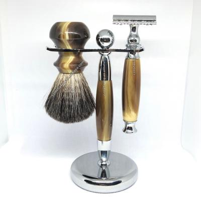 China Shaving Brush Badger Hair Beard Brush Faux Ox Horn Resin Handle Shaving Brush Metal Handle Holder Safety Razor Set for sale