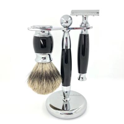 China Face Maker Factory Pure Badger Hair Knot Classic Color Handle Metal Holder Black Shaving Brush and Double Edge Safety Razor Set for sale